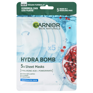Garnier Szuper hidratáló bőrfeltöltő textilmaszk gránátalma kivonattal Hydra Bomb (Sheet Masks) 5 db