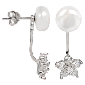 JwL Luxury Pearls Ezüst dupla fülbevaló fehér igazgyönggyel és virág alakú cirkónia kristállyal JL0281