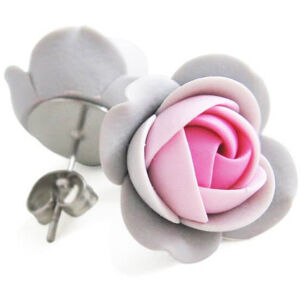 Troli Szürke-rózsaszín virágok fülbevaló puzetky